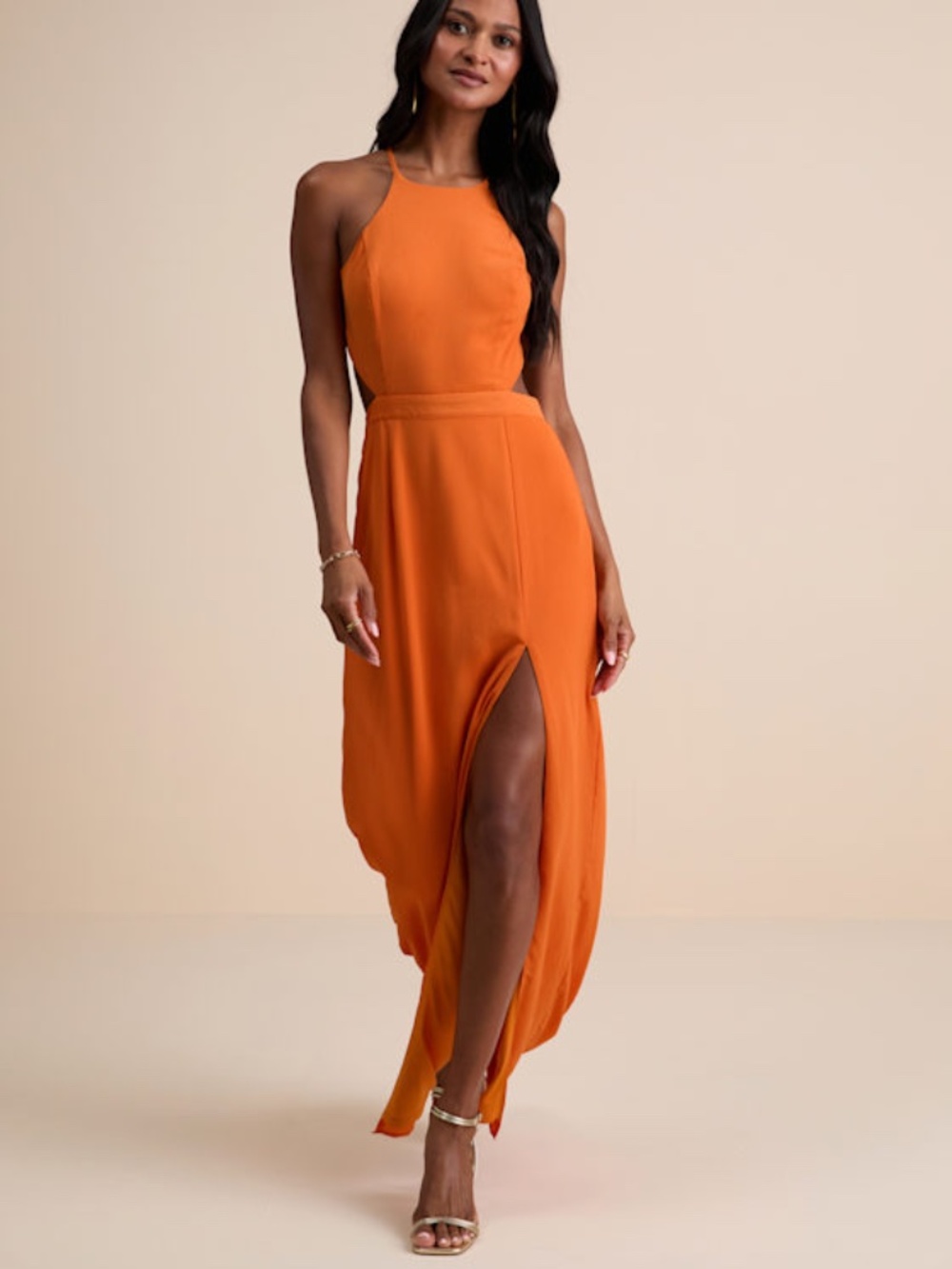 Lulus Nettie Orange Halter Backless Maxi Dress - Size S